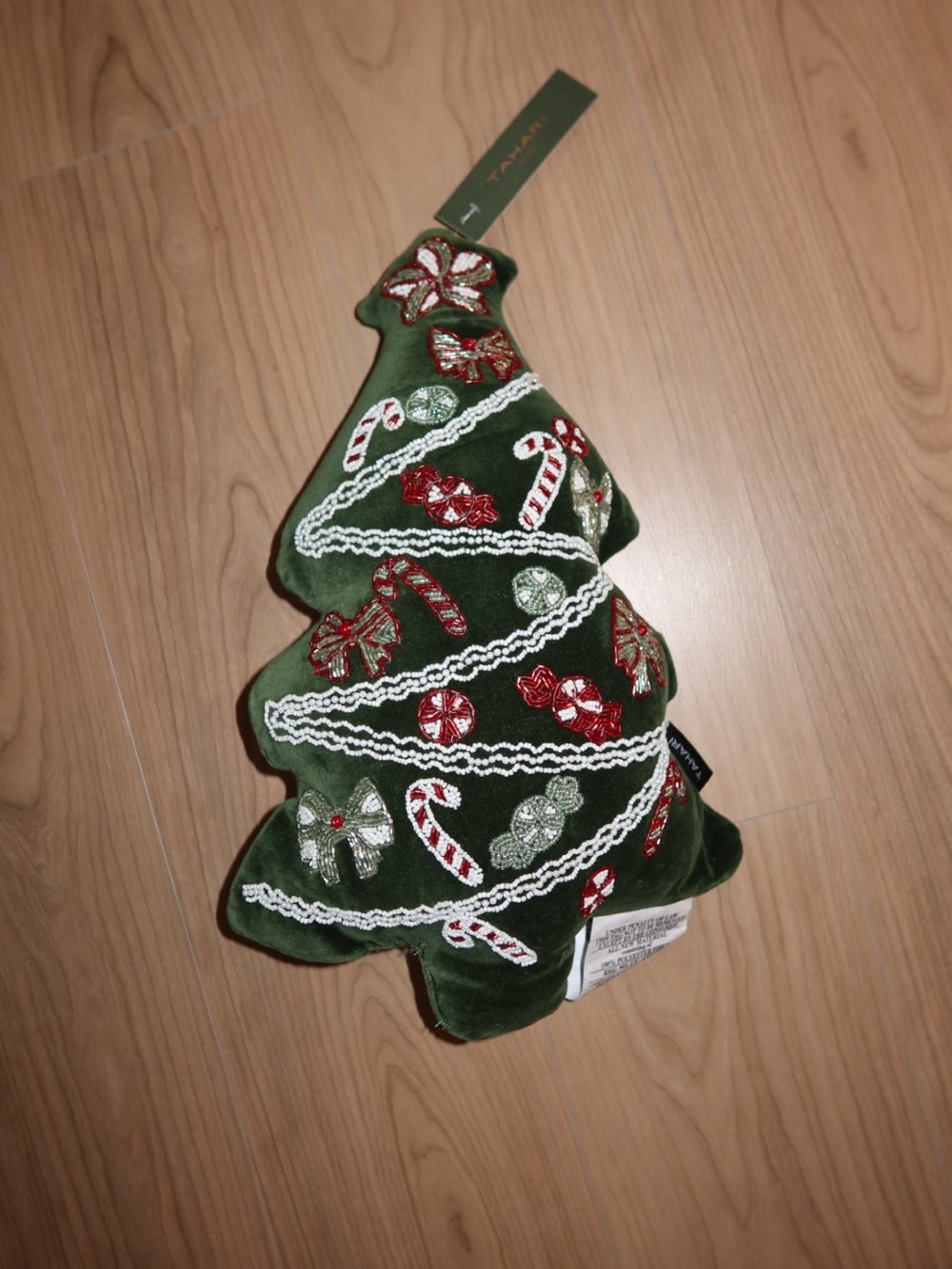 Tahari Green Velvet Christmas Tree Pillow with Red & White Embroidery